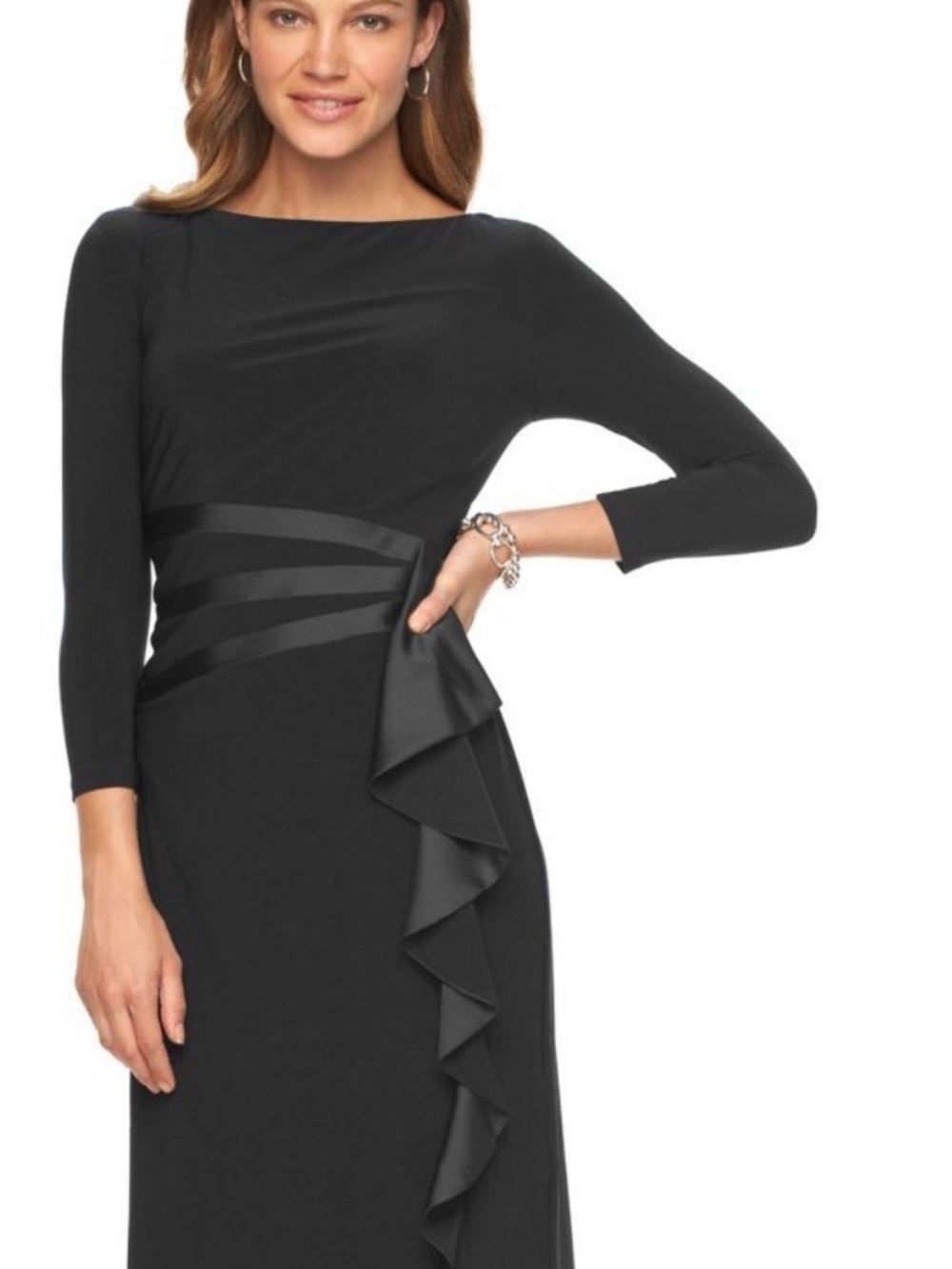 Chaps Elegant Black Ruffle-Detail Jersey and Satin Sheath Dress